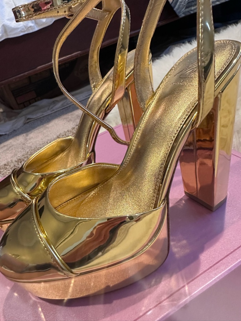 ANTONIO MELANI Metallic Gold Platform Block Heel Sandals